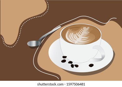 One cup of coffee latte with a brown background. Illustration for your background, template, and with flat design style
