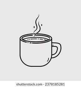 One cup of coffee on a saucer with a spoon. Hand drawn vector engraving line art style illustrations