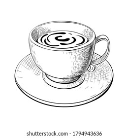 one cup of coffee or tea with saucer hand drawn sketch isolated on white. Engraved vector illustration of coffee or tea mug. hot drinks doodle drawing. cafe beverage icon. teacup or coffe cup image