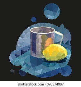 One cup and yellow lemon in a black square