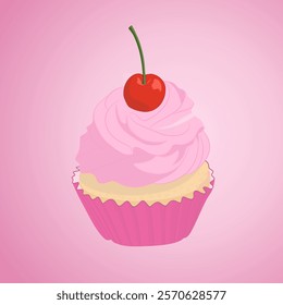 one cupcake with pink frosting and red cherry, vector illustration