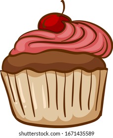 One cupcake with strawberry cream and cherry on top illustration