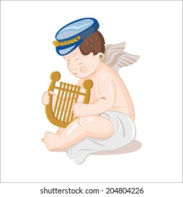 one  cupid-boy playing the harp