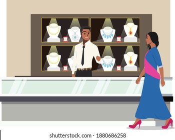 One customer entering the jewelry store illustration. Jewelry, store, mall. Vector Flat illustration