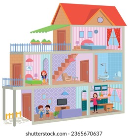 One cut cartoon house and children