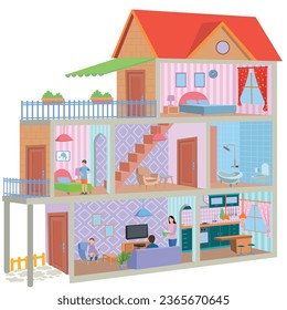 One cut cartoon house and children