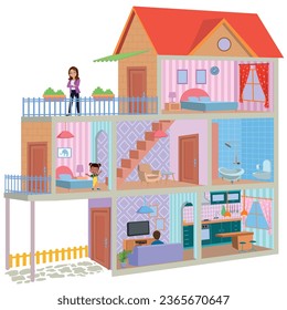 One cut cartoon house and children