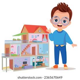 One cut cartoon house and children