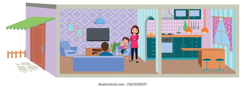 One cut cartoon house and children