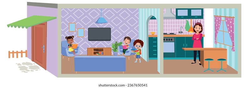 One cut cartoon house and children