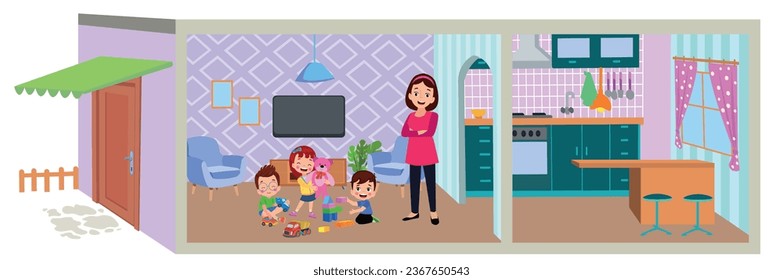 One cut cartoon house and children