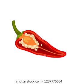 One cut half of red pepper with seeds inside. Fresh vegetable. Natural food. Organic product. Flat vector design