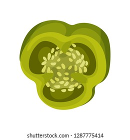 One cut half of ripe green bell pepper with seeds inside. Ripe vegetable. Natural food. Flat vector icon