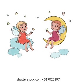 One cute Angel baby sitting on clouds and other nice Angel girl sitting on the moon. Vector illustration in cartoon style on white background. Christmas invitation, postcard