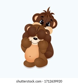 Un cachorro de oso tierno cierra los ojos a otro cachorro de oso. Personajes de caricatura. Niños divertidos juguetes.
