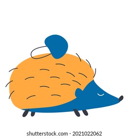 One cute blue hedgehog with orange spines and a mushroom, isolated on a white background. Vector illustration is great for fabric, textiles, prints, T-shirts