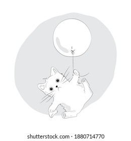 Un lindo gato de dibujos animados vuela en un globo de aire caliente sobre un fondo blanco, ilustración vectorial