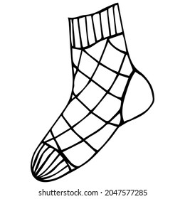 One cute cotton sock with a striped pattern, doodle. Winter and autumn shoes. Vector illustration of a flat design, black outline.
