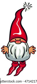 One cute gnome with beard and long red hat on a white background. Funny character for Christmas decorations, greetings cards and other design artworks. 