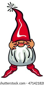 One cute gnome with beard and long red hat on a white background. Funny character for Christmas decorations, greetings cards and other design artworks. 