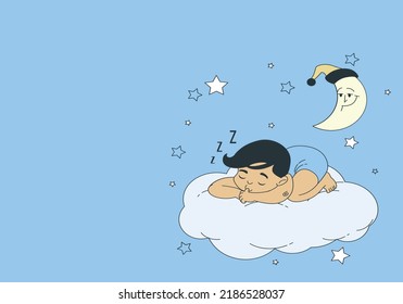 One cute little babies sleeping on white cloud. Newborn baby icon. Colorful vector illustration. Smiling cartoon kids lying on cloud as soft pillow. Child resting at night. For nursery room wallpaper