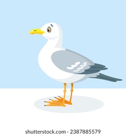 Una linda gaviota blanca se sienta. Al estilo de las caricaturas. Aislado sobre fondo azul. Ilustración plana del vector