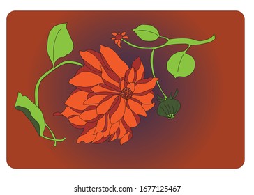 One dahlia flower in two colours with green bud surrounded by two green branches with leaves. 