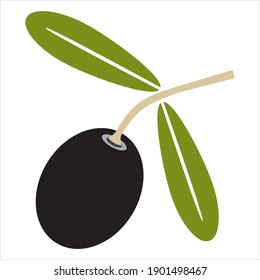 Una aceituna oscura con dos hojas y tallo verdes. Ilustración vectorial plana