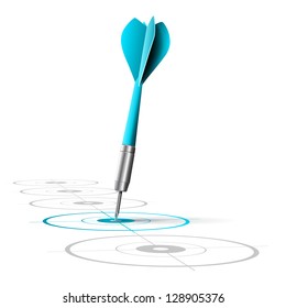 One dart hitting the center of a blue target in a row, vector image over white background