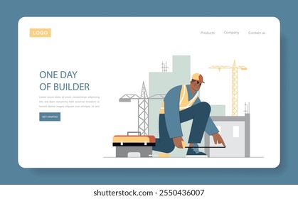 One Day of Builder concept. Illustration showcasing a daily routine of a construction worker at a building site. Modern design, workplace safety, and industry professionalism. Vector illustration.