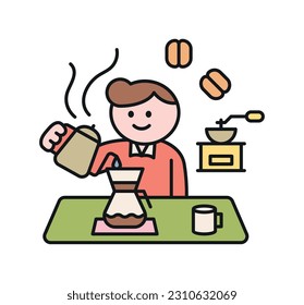 One day class workshop. People are learning new skills. Illustration of geometric design. Barista training.