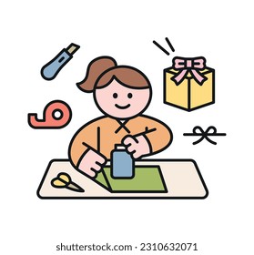 One day class workshop. People are learning new skills. Illustration of geometric design. Wrap the gift.