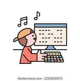 One day class workshop. People are learning new skills. Illustration of geometric design. A musician who makes MIDI music.