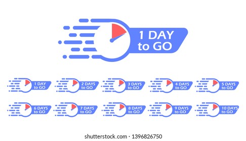 One day to go label, clock. Promotion icon. The number of days left.