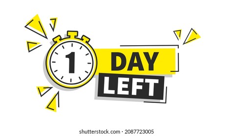 One day to go label, yellow flat with alarm clock, promotion icon. Vector stock illustration.