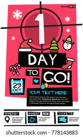 One Day To Go Until Christmas (Flat Style Vector Illustration Countdown Poster Design)
