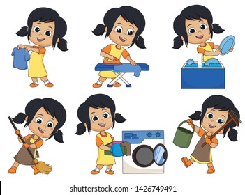 One day the kid helps parents do many things such as mopping,laundry,washing clothes, ironing,Clean a dish.Vector and illustration.