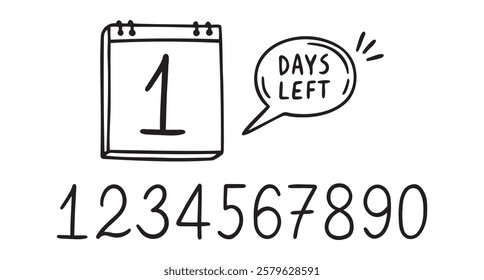 One day left. Doodle calendar symbol for 1 day left for promotion icon. hand drawn isolated style. Vector illustration