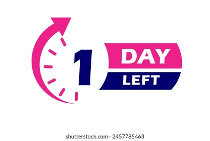 One day left lable, one day to go label, 1 days left lable, pink and blue flat with alarm clock design, promotion icon for time count. Vector stock illustration.