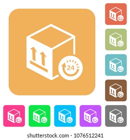 One day package delivery flat icons on rounded square vivid color backgrounds.