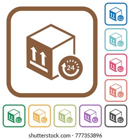 One day package delivery simple icons in color rounded square frames on white background