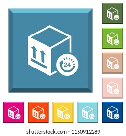 One day package delivery white icons on edged square buttons in various trendy colors