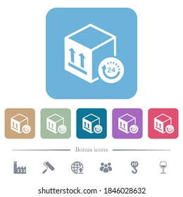 One day package delivery white flat icons on color rounded square backgrounds. 6 bonus icons included