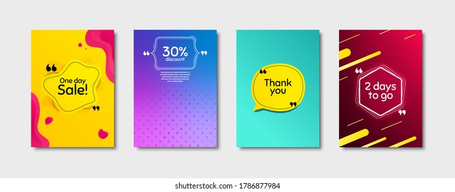 One day sale, 30% discount and 2 days to go. Dynamic cover design. Creative fluid background. Thank you phrase. Sale shopping text. Poster cover template with chat bubble. Vector