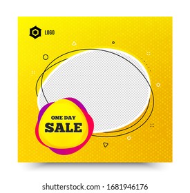 One day sale badge. Yellow banner template. Discount banner shape. Coupon bubble icon. Social media banner with chat bubble. Online shopping web template. Day sale promotion bubble. Vector