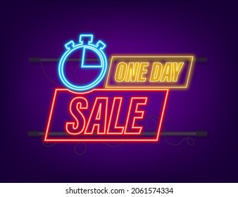 One day Sale banner badge. Neon icon. Sale, price tag. Store label. Special offer badge. Vector stock illustration