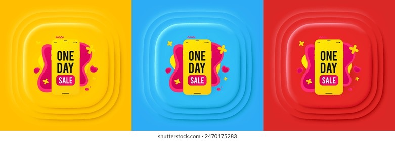 One day sale banner. Neumorphic offer banner, flyer or poster. Discount sticker shape. Special offer phone icon. One day promo event banner. 3d square buttons. Special deal coupon. Vector