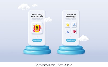 One day sale banner. Phone mockup on podium. Product offer 3d pedestal. Discount sticker shape. Special offer phone icon. Background with 3d clouds. One day promotion message. Vector