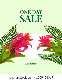 One day sale, do not miss leaflet design with red flowers, leaves and white banner on light green background. Typed text can be used for labels, flyers, signs, banners, posters