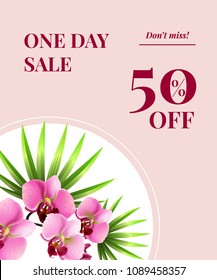 One day sale, fifty percent off, do not miss poster design with pink flowers on white circle. Typed text can be used for labels, flyers, signs, banners